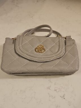 Quilted Light Gray Mini Top-Handle Purse Or Crossbody with Gold Accent
